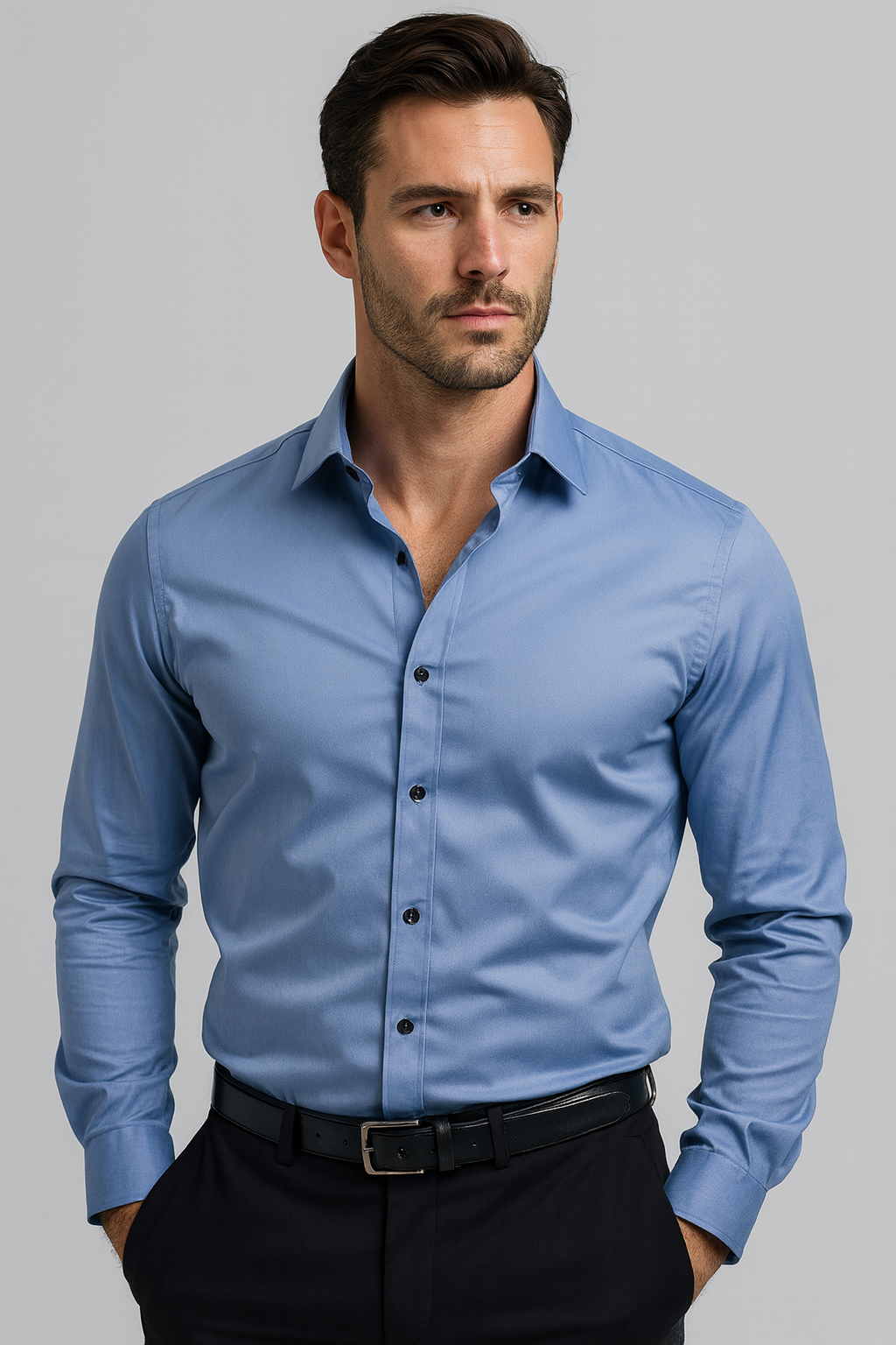 Men's blue stretch shirt with slim fit and wrinkle-resistant fabric