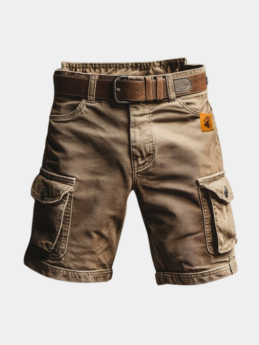 Men's brown cotton cargo shorts with vintage-inspired design and relaxed fit