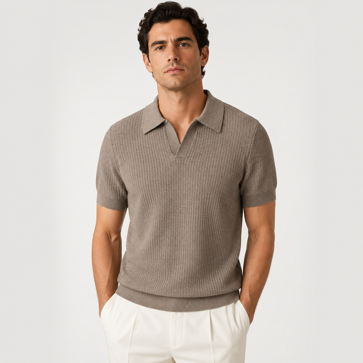 Men's brown knitted polo shirt with breathable lightweight fabric for refined casual summer dressing