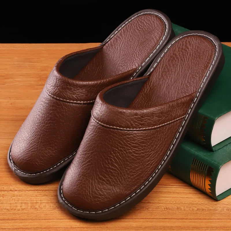 Men's brown leather slippers with lightweight design for indoor and outdoor comfort