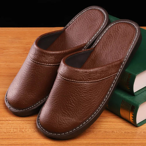 Men's brown leather slippers with lightweight design for indoor and outdoor comfort