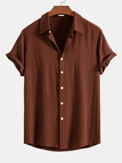 Men's brown linen blend short sleeve shirt with relaxed button fit for summer style