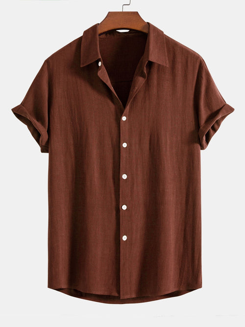 Men's brown linen blend short sleeve shirt with relaxed button fit for summer style