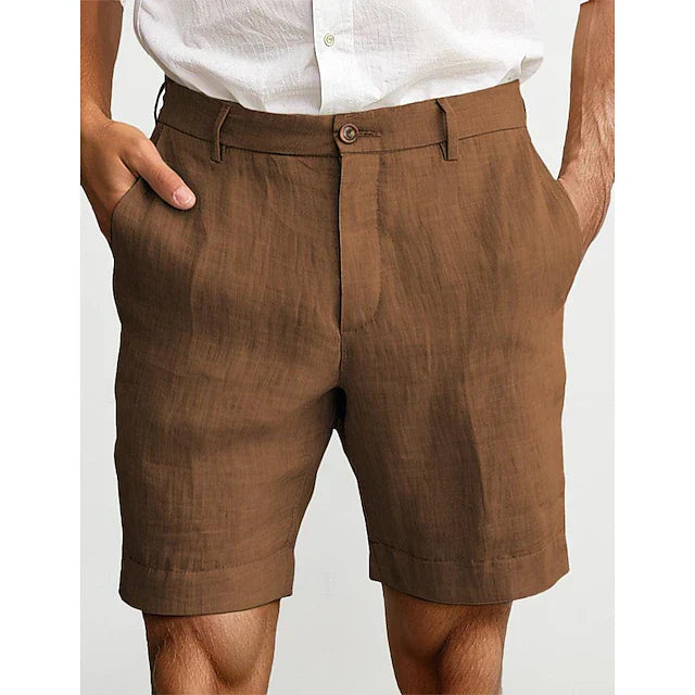 Men's brown linen chino shorts with lightweight fabric and classic fit for relaxed summer outfits