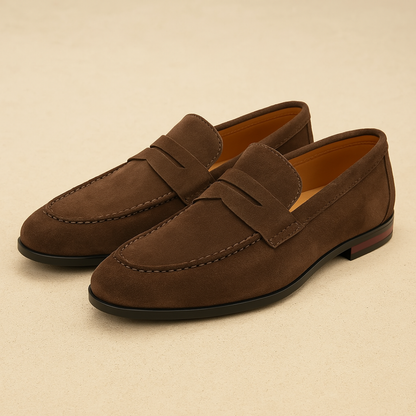 Men's brown penny loafers with classic slip-on design for smart casual style