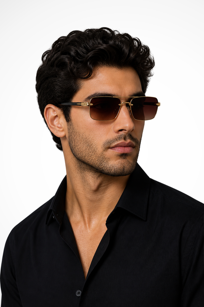 Men's brown rimless sunglasses with gold bridge and gradient tinted lenses for refined everyday style