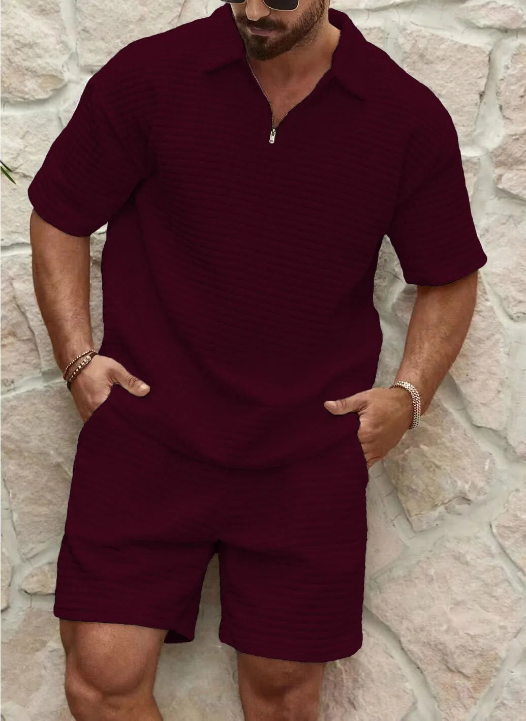 Men's burgundy red summer set with lightweight fabric for casual warm-weather outfits