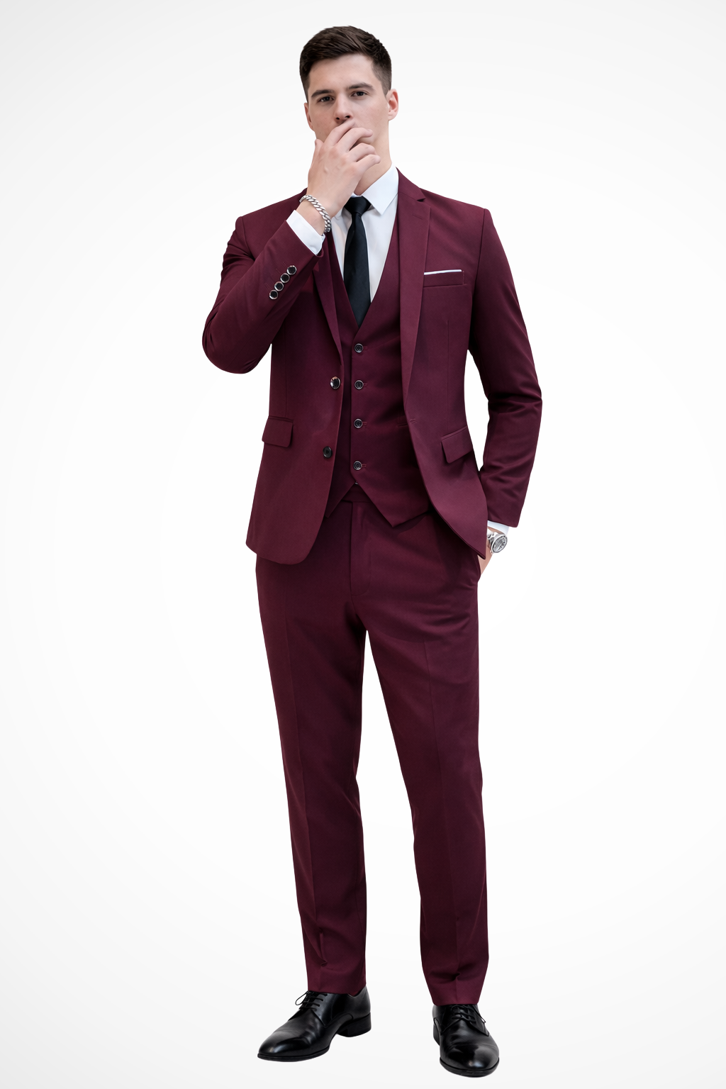 Men's burgundy slim fit 3 piece suit with notch lapel, waistcoat and matching trousers