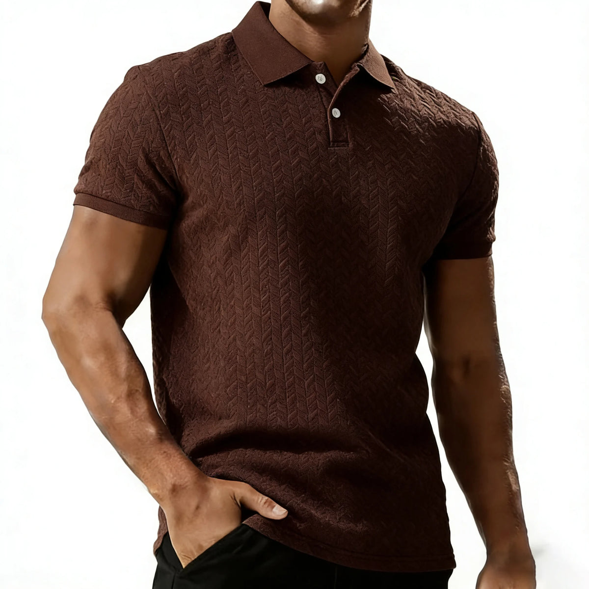 Men's coffee polyester polo shirt with short sleeves and turn-down collar for relaxed everyday style