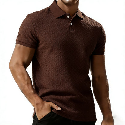 Men's coffee polyester polo shirt with short sleeves and turn-down collar for relaxed everyday style