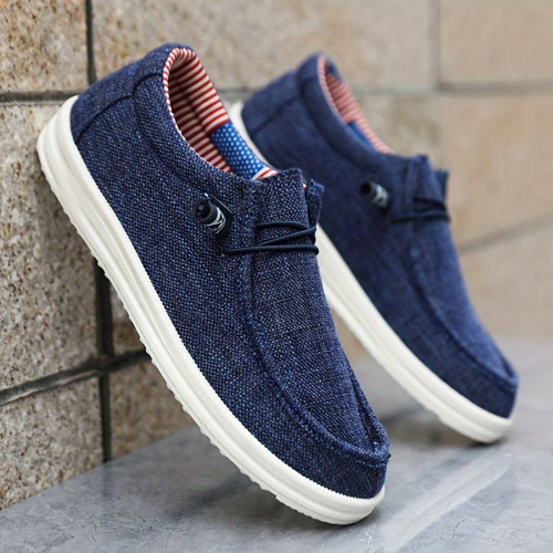 Men's dark blue cotton loafers with casual slip-on design for summer style