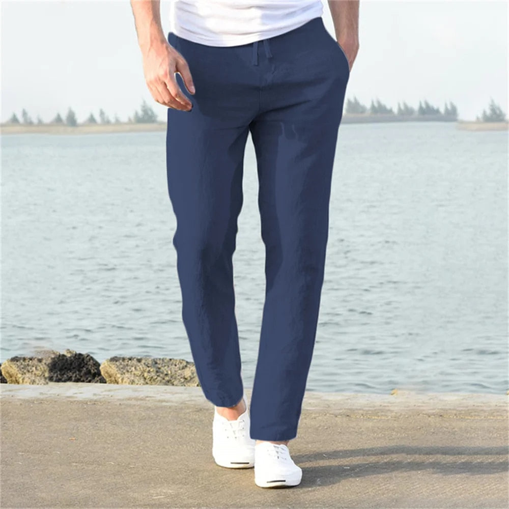 Men's dark blue linen pants with lightweight breathable fabric