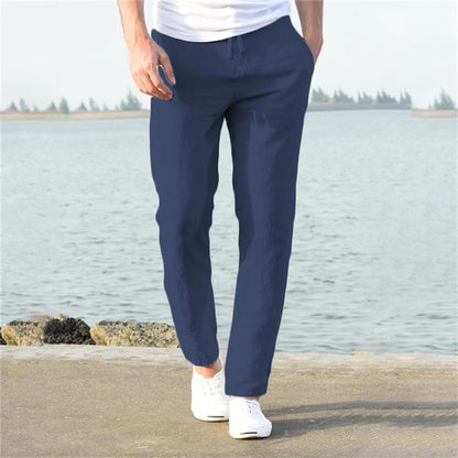 Men's dark blue linen pants with lightweight breathable fabric