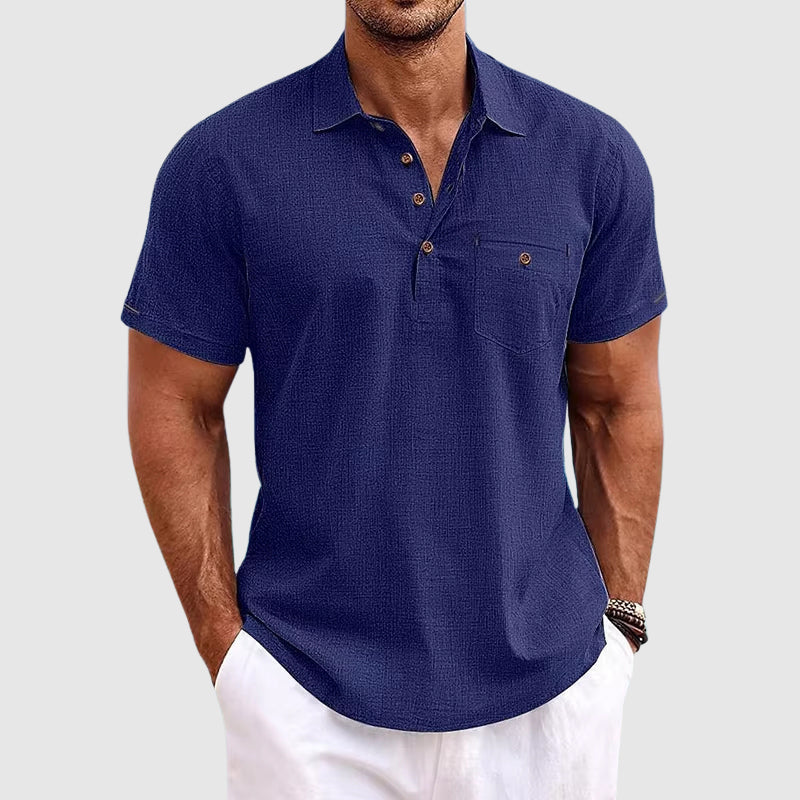 Men's dark blue linen polo shirt with short sleeves and relaxed fit for versatile summer outfits