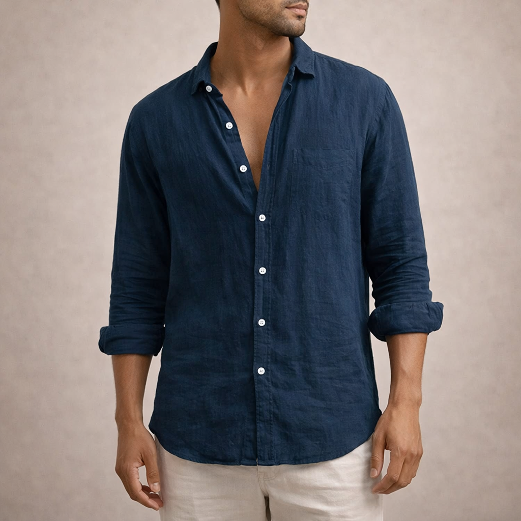 Men's dark blue linen shirt with mandarin collar and regular fit