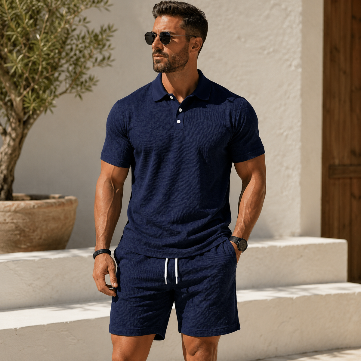 Men's dark blue polo shirt and shorts set with lightweight casual design for summer wear
