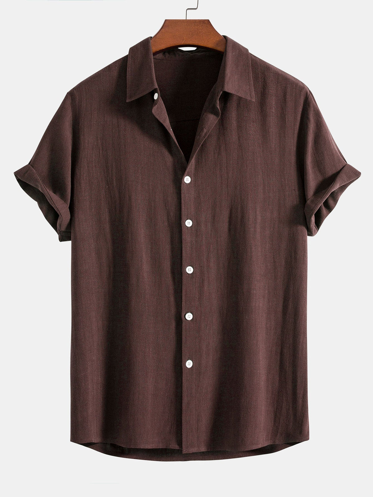 Men's dark brown linen blend short sleeve shirt with relaxed button fit for summer style