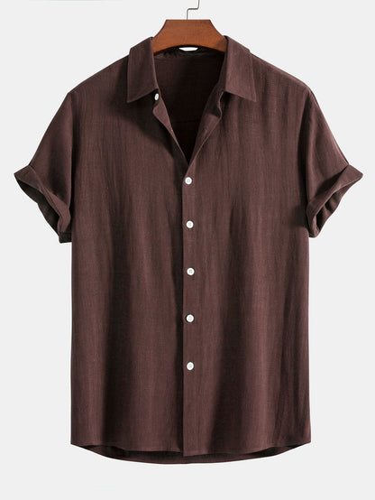 Men's dark brown linen blend short sleeve shirt with relaxed button fit for summer style