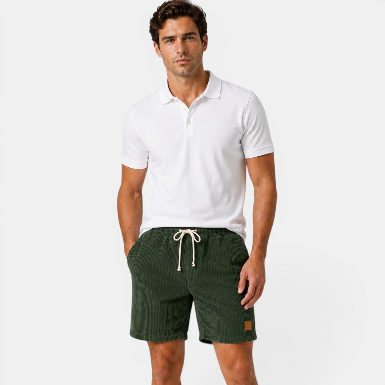 Men's dark green corduroy shorts with soft lightweight texture for relaxed everyday summer outfits