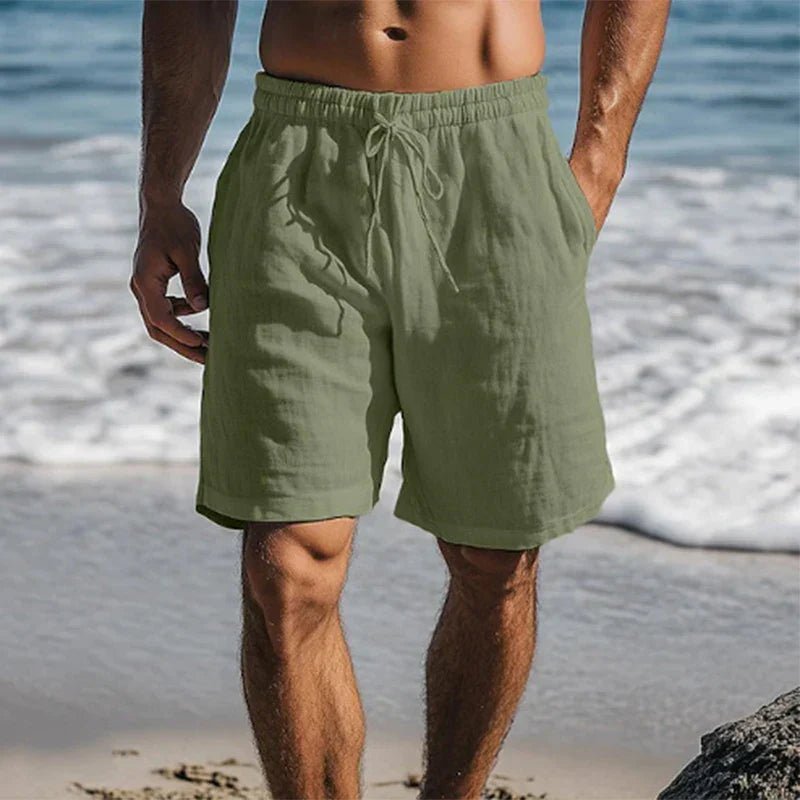 Men's dark green linen swim shorts with quick-dry design for beach and pool days