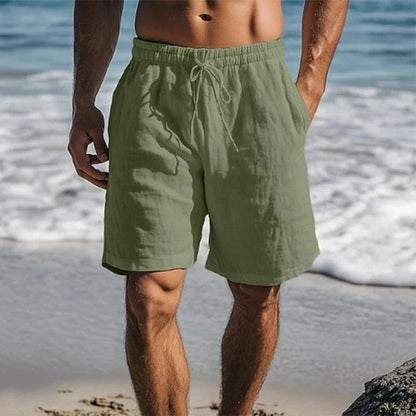 Men's dark green linen swim shorts with quick-dry design for beach and pool days