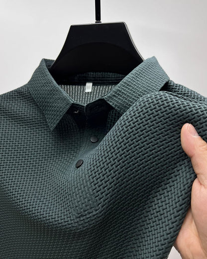 Men's dark green mesh polo shirt with breathable lightweight fabric