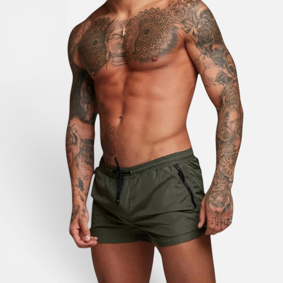 Men's dark green stretch swim trunks with quick-dry design and adjustable drawstring waist