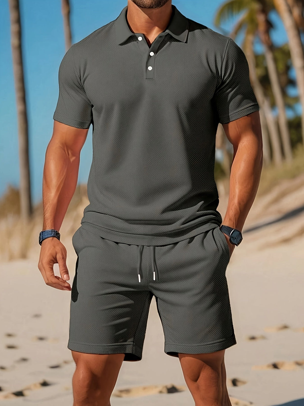 Men's dark grey polo shirt and shorts set with lightweight casual design for summer wear