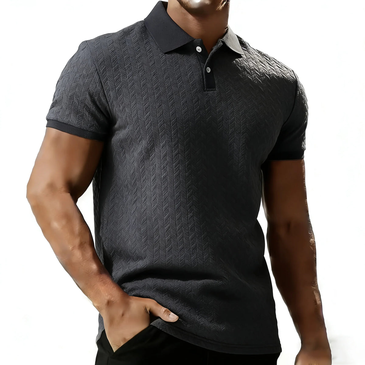 Men's dark grey polyester polo shirt with short sleeves and turn-down collar for smart casual everyday style