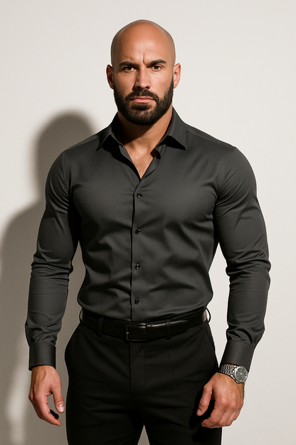 Men's dark grey slim fit dress shirt with classic collar and long sleeves for business and formal wear