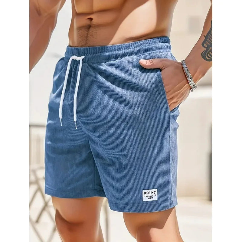 Men's denim blue drawstring summer shorts with relaxed fit and practical pockets
