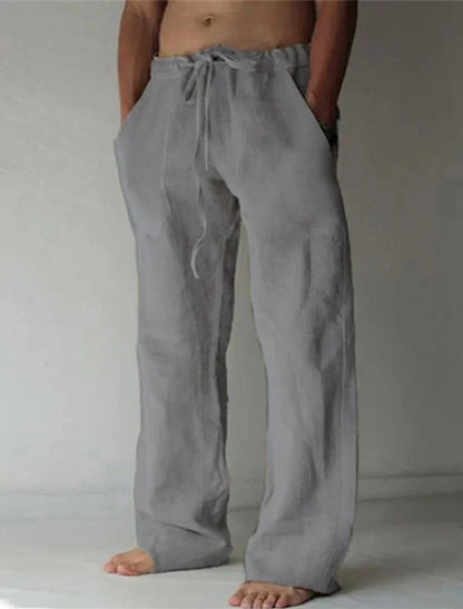 Men's gray linen drawstring trousers with relaxed wide leg fit and elasticated waistband