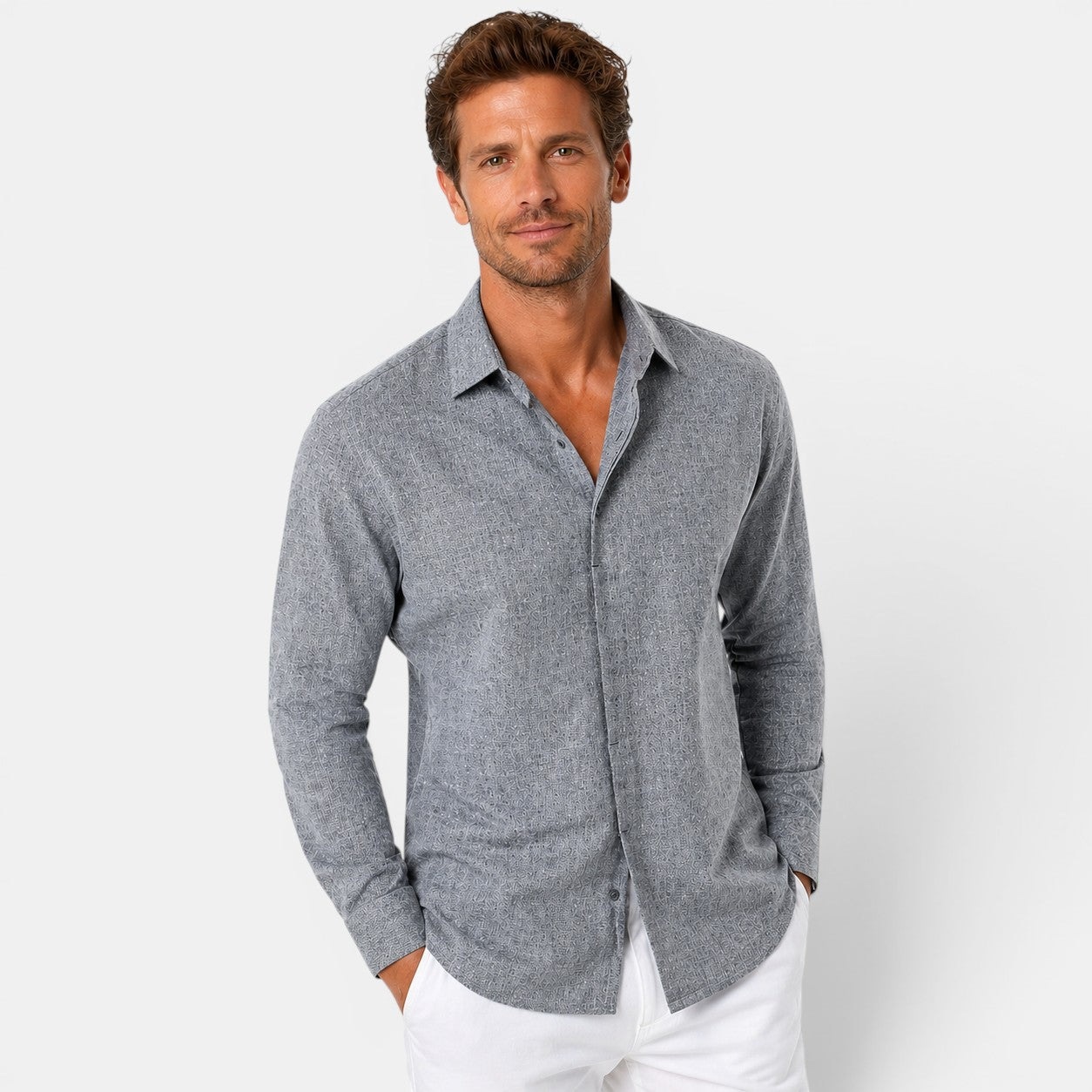 Men's gray lightweight linen shirt with breathable fabric and relaxed fit for effortless summer style