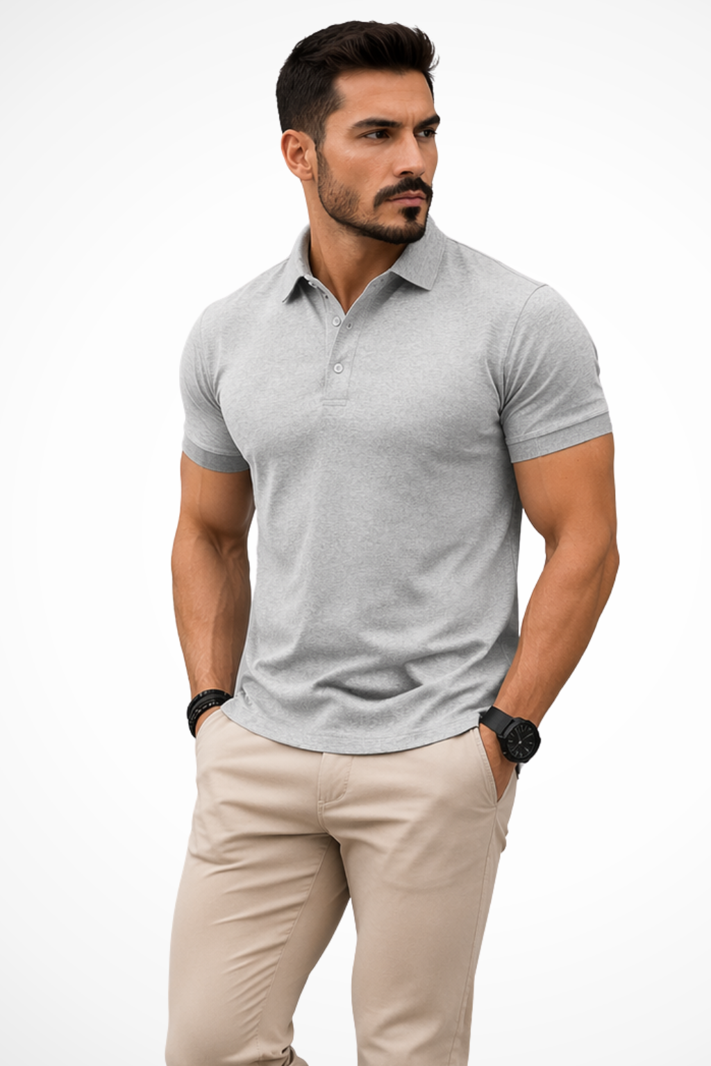 Men's gray muscle fit polo shirt with short sleeves, classic collar and tailored silhouette