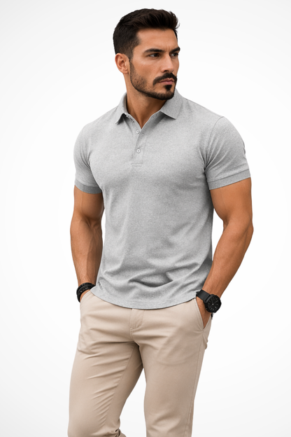 Men's gray muscle fit polo shirt with short sleeves, classic collar and tailored silhouette