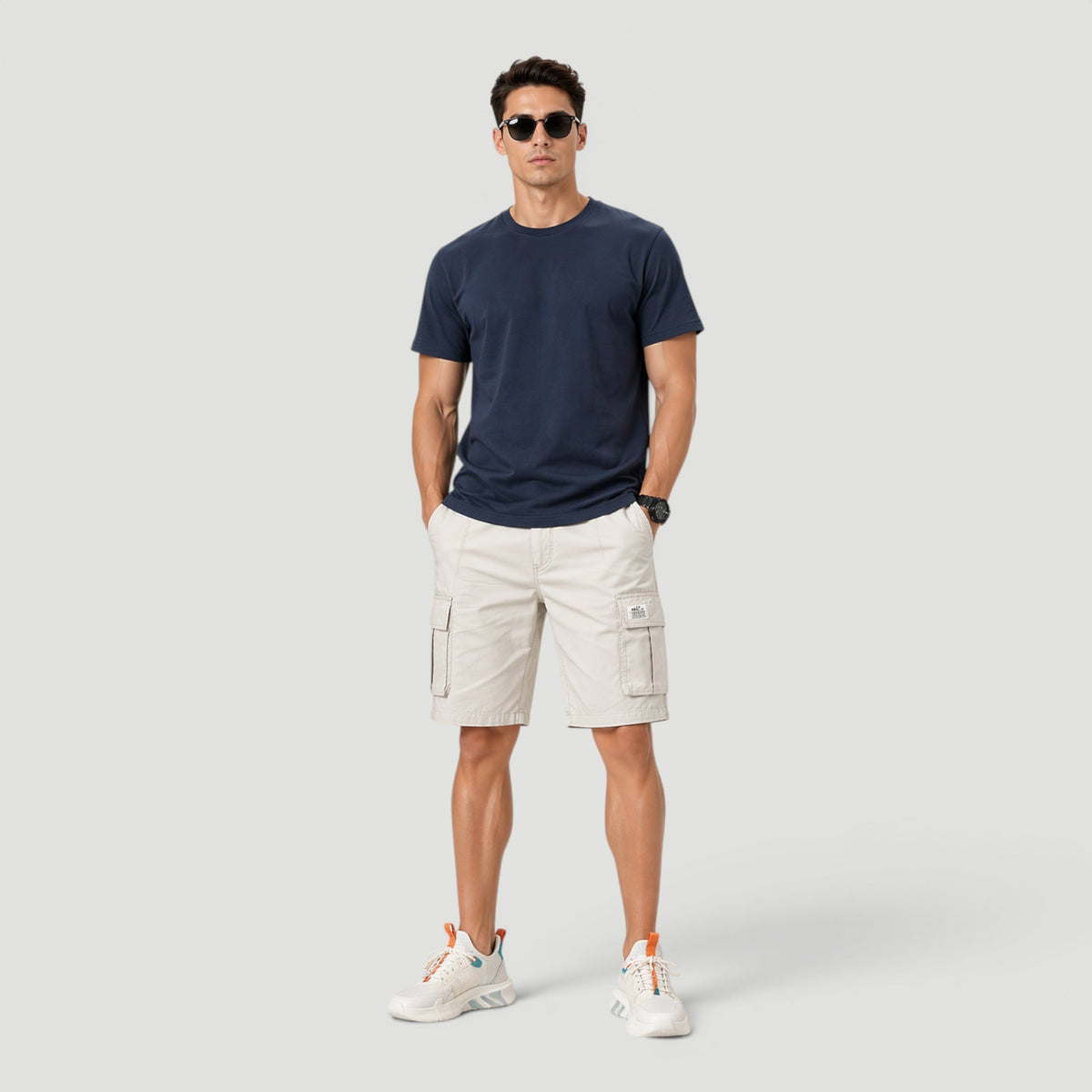 Men's grey polyester cargo shorts with adjustable drawstring waist and multiple pockets