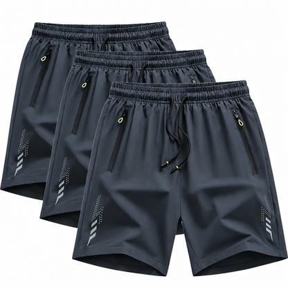 Men's grey polyester elastane sports shorts 3-piece with breathable quick-dry stretch fabric