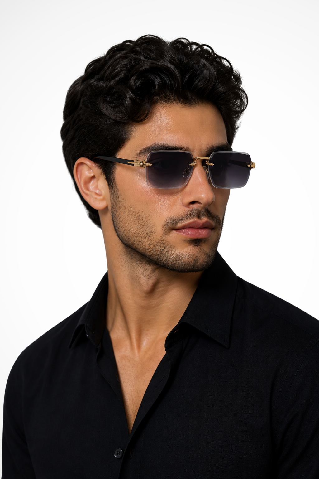Men's gray rimless sunglasses with gold bridge and gradient tinted lenses for minimalist smart-casual style