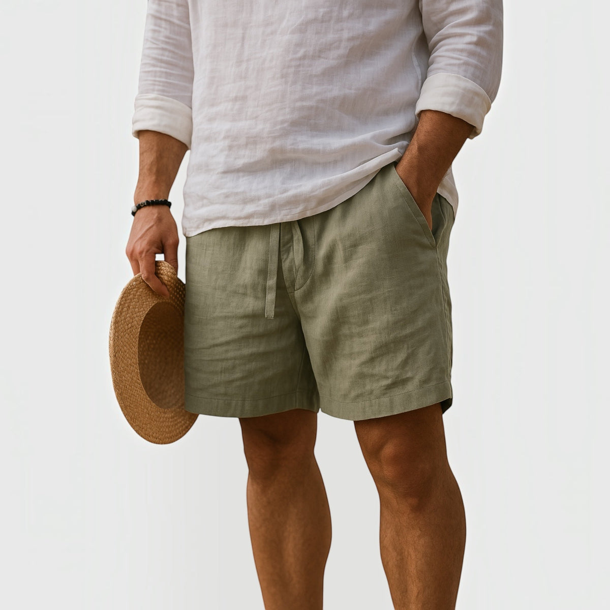 Men's green cotton-linen shorts with lightweight fabric and relaxed tailored fit
