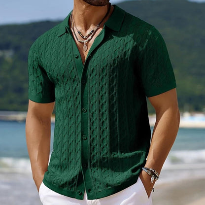 Men's green knitted shirt with short sleeves, textured knit pattern and lapel collar