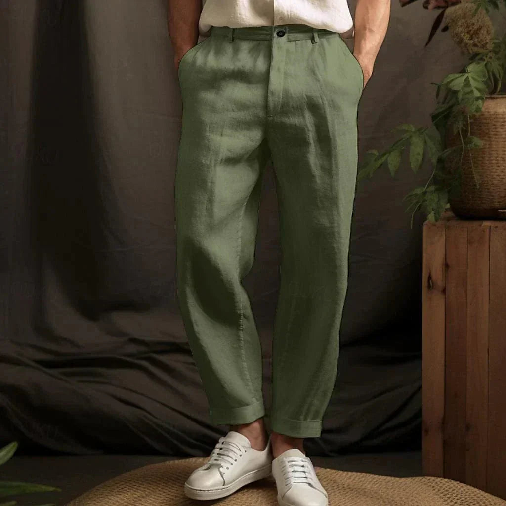 Men's green linen pants with lightweight breathable fabric