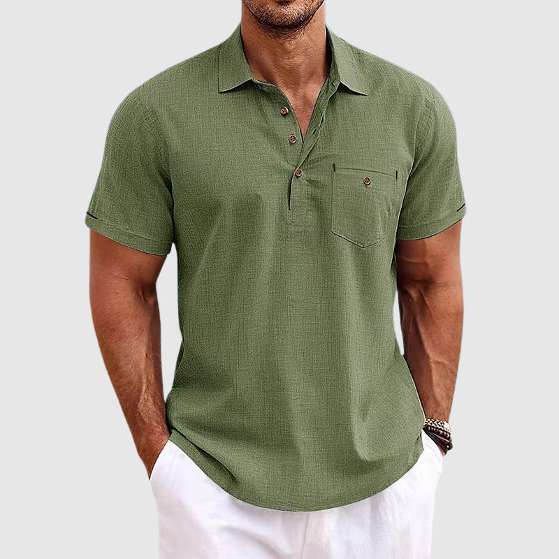 Men's green linen polo shirt with short sleeves and relaxed fit for casual summer style