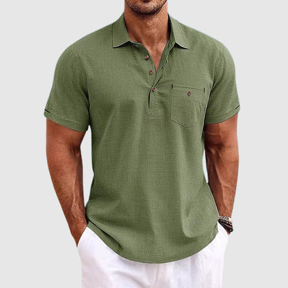 Men's green linen polo shirt with short sleeves and relaxed fit for casual summer style