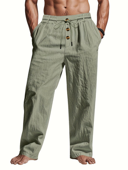 Men's green linen summer pants with straight-leg fit and adjustable drawstring