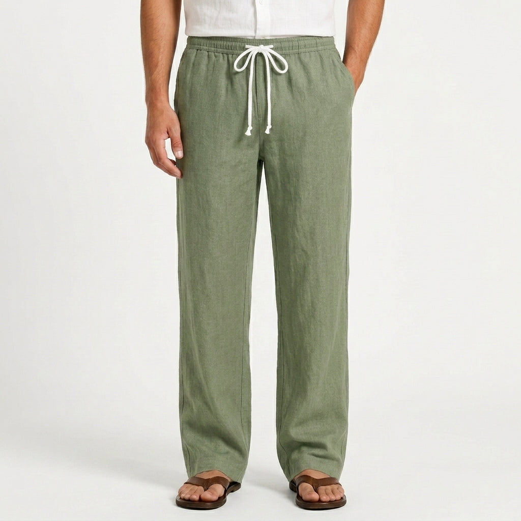 Men's green linen trousers with straight-leg fit and adjustable drawstring waist