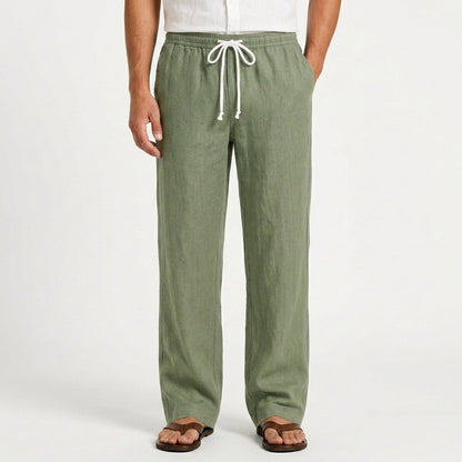 Men's green linen trousers with straight-leg fit and adjustable drawstring waist