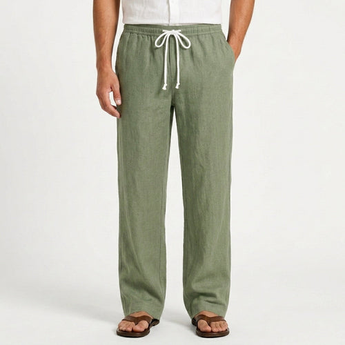 Men's green linen trousers with straight-leg fit and adjustable drawstring waist
