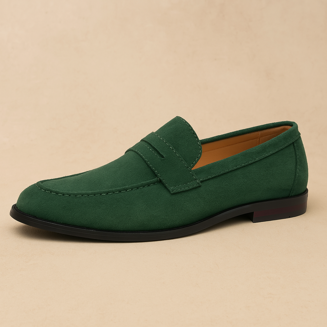Men's green penny loafers with classic slip-on design for smart casual style