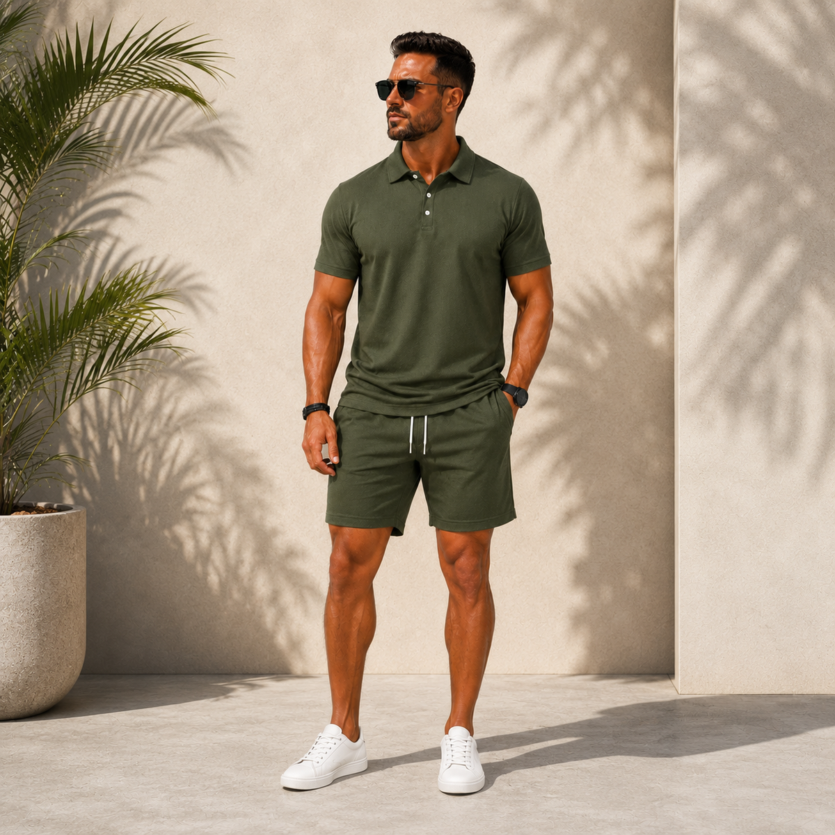 Men's green polo shirt and shorts set with lightweight casual design for summer wear