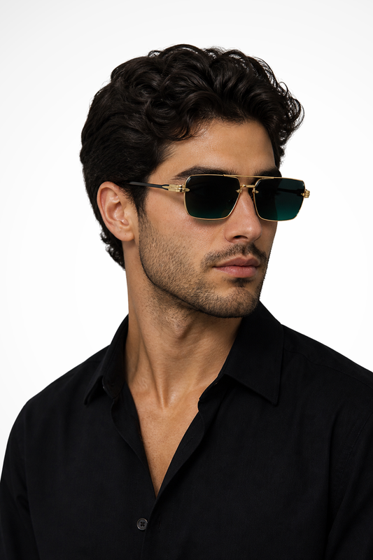 Men's green rimless sunglasses with gold bridge and gradient tinted lenses for modern everyday style